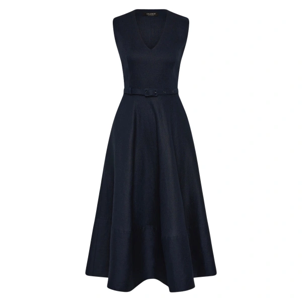Navy Linen Belted Midi Dress