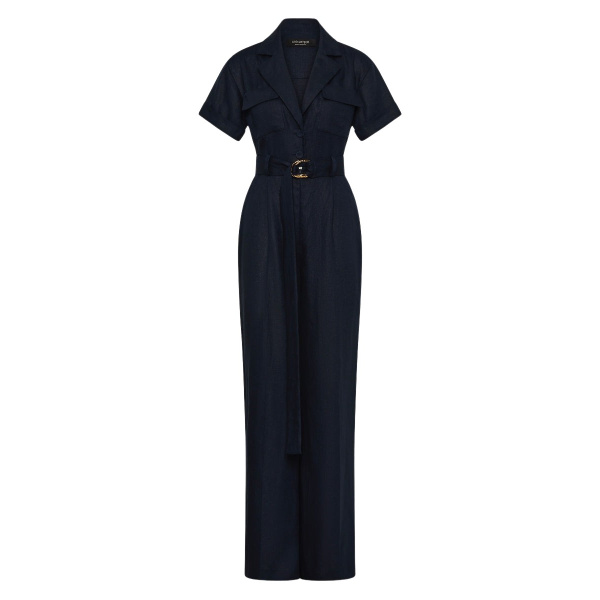Carla Zampatti Navy Linen Utility Belted Jumpsuit