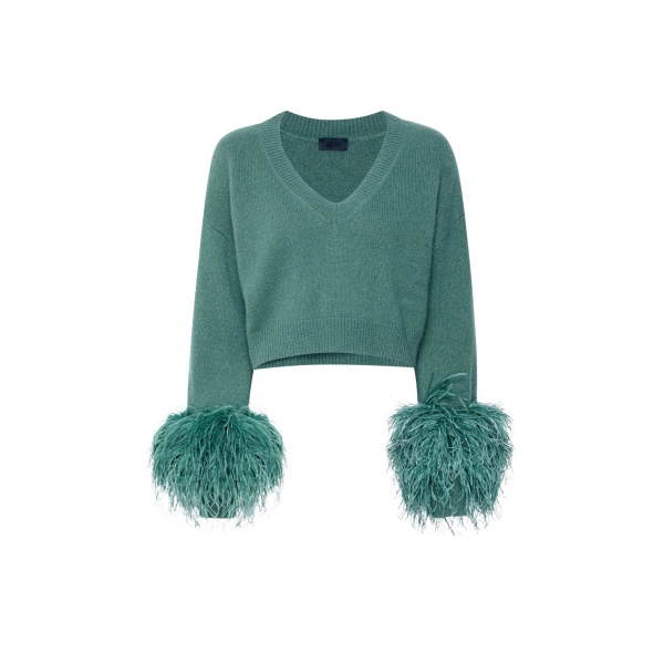 Lapointe Cashmere Cropped V Neck Sweater With Feathers