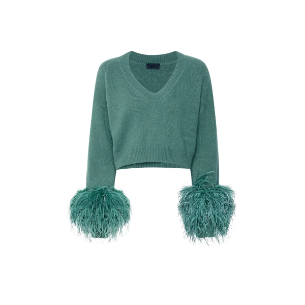 Lapointe Cashmere Cropped V Neck Sweater With Feathers
