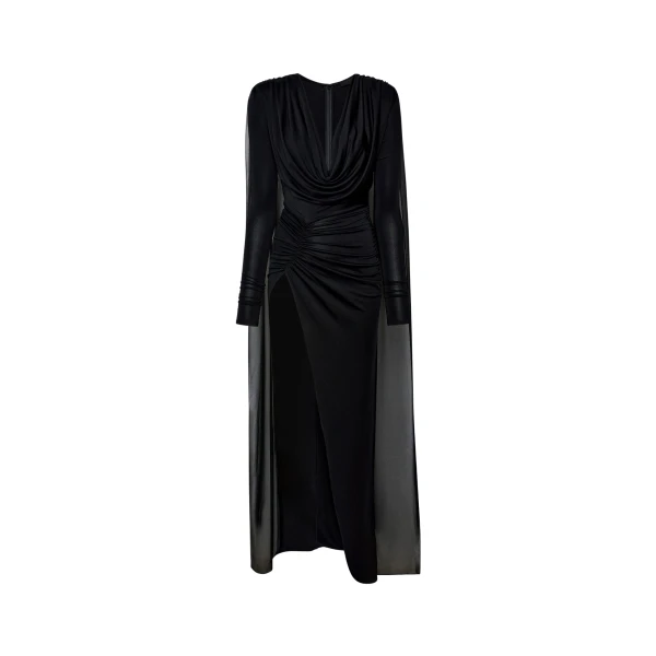 Lapointe Jersey Cowl Neck Slit Gown With Georgette Cape