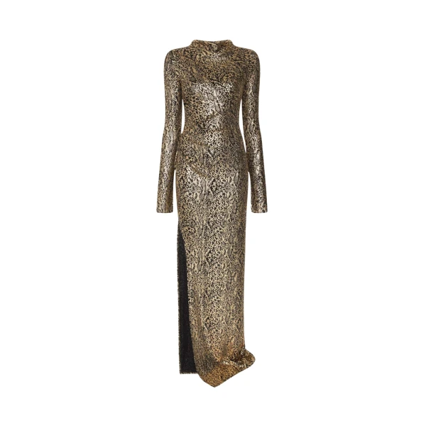 Lapointe Metallic Snake Jersey Long Sleeve Ruched Gown