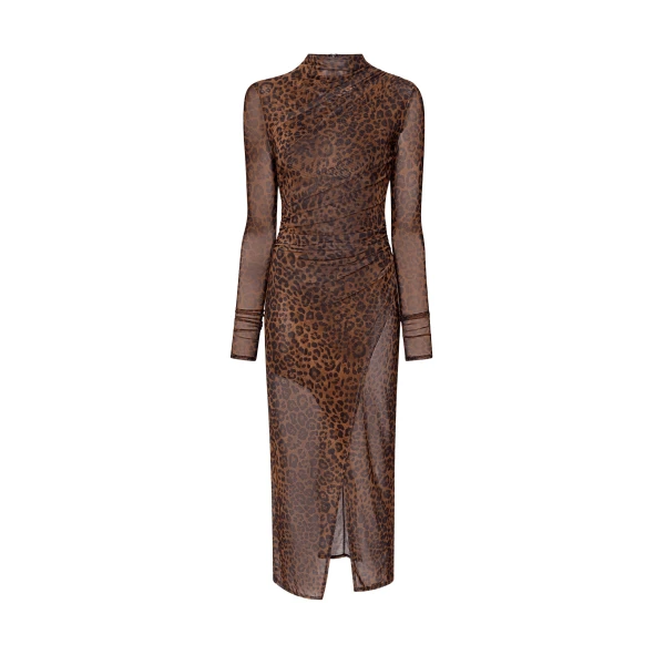 Lapointe Printed Mesh Draped Midi Dress