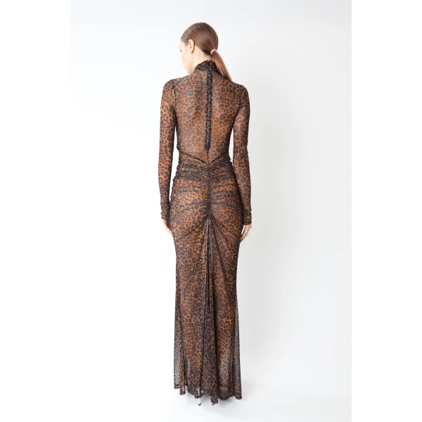 LaPointe Printed Mesh Halter Ruched Gown, view 3