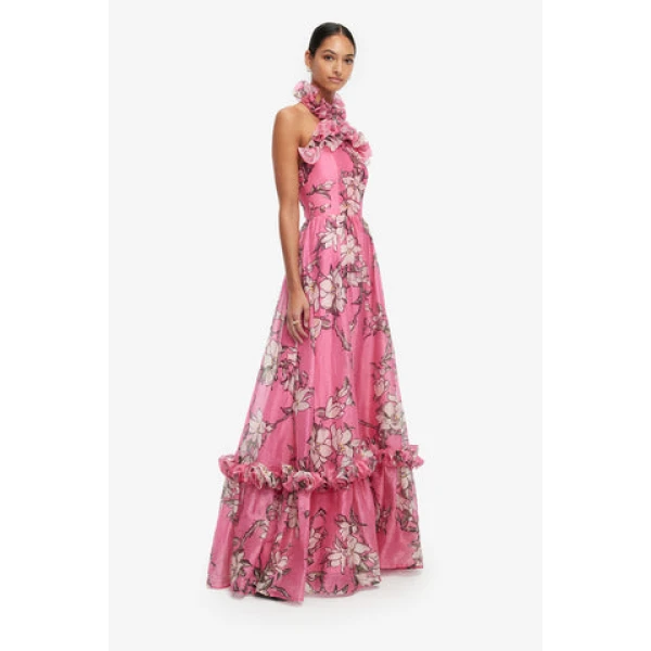 Premium silk-linen blend printed maxi dress