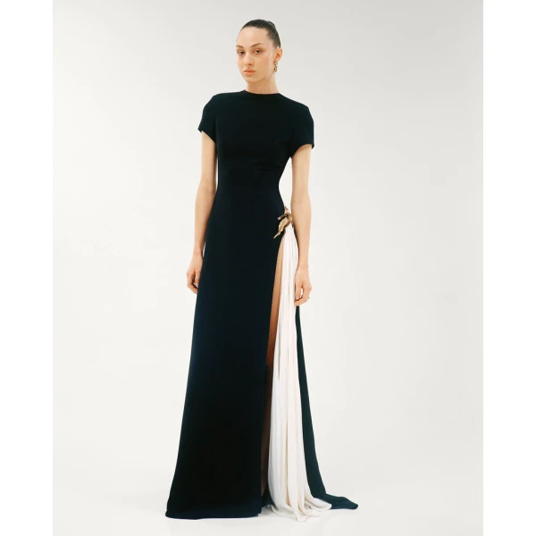 Marmar Halim A-Line Crepe Dress With Hand Pleated Chiffon Slit And Embroidered Brocard Dresses