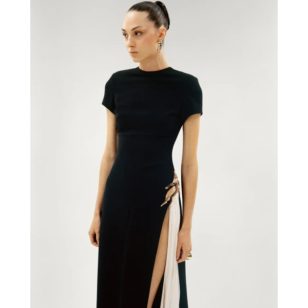 Marmar Halim A-Line Crepe Dress With Hand Pleated Chiffon Slit And Embroidered Brocard Dresses