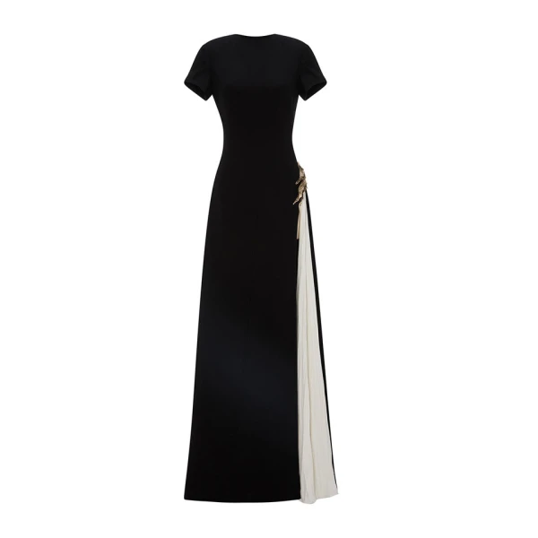 A-Line Crepe Dress With Hand Pleated Chiffon Slit And Embroidered Brocard