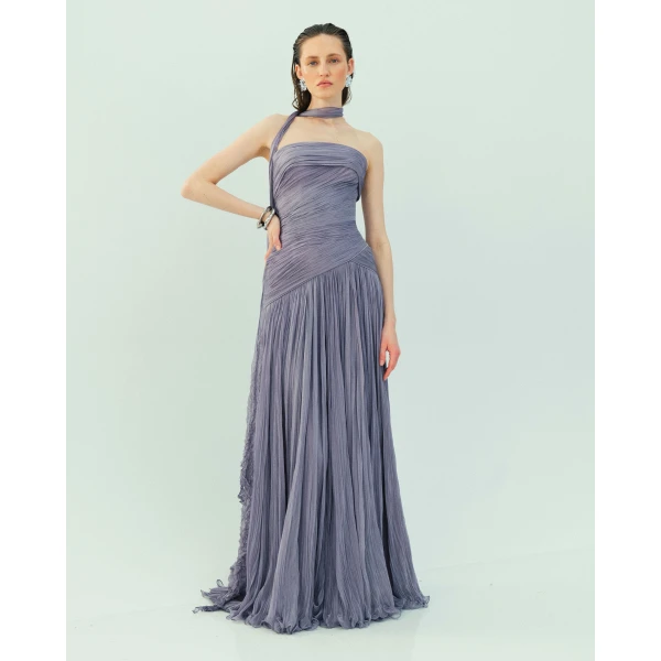 Marmar Halim Alina - Strapless Pleated Chiffon Gown With Cape Gowns