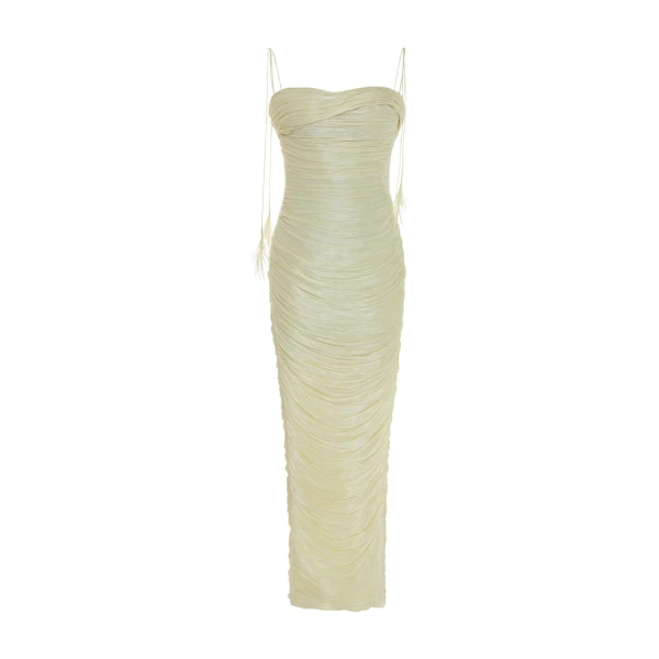 Beatriz - Strapless Pleated Silk Gown With Corset And Fringe Straps
