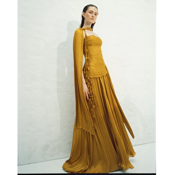 Marmar Halim Caridad - Strapless Pleated Silk A-Line Gown With Cape Gowns