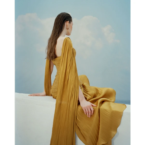 Marmar Halim Caridad - Strapless Pleated Silk A-Line Gown With Cape Gowns
