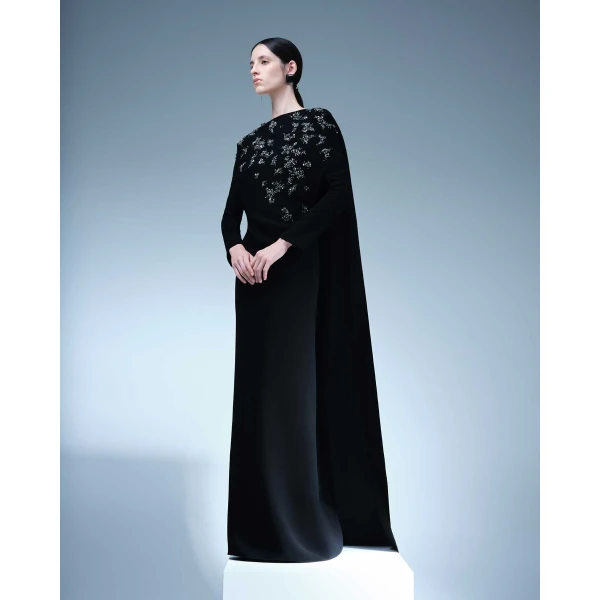Marmar Halim Embodied Long-Sleeve Gown With Cape Gowns