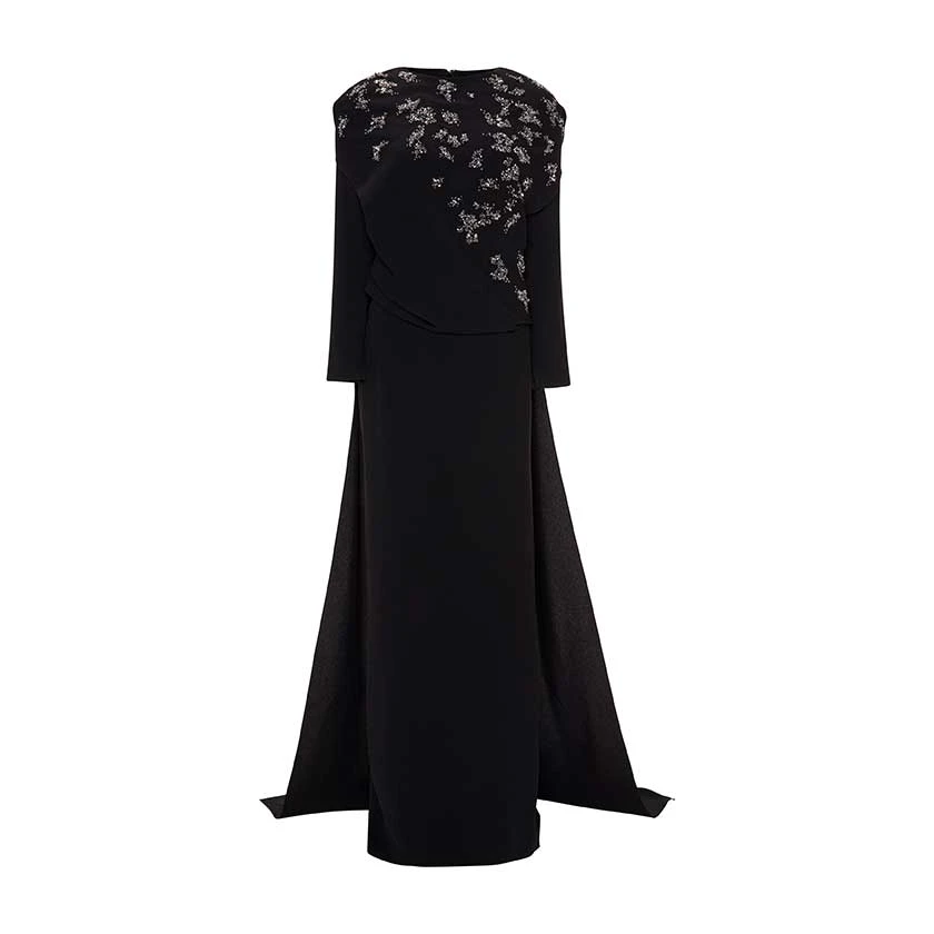 Marmar Halim Embodied Long-Sleeve Gown With Cape Gowns Marmar Halim Embodied Long-Sleeve Gown With Cape Gowns