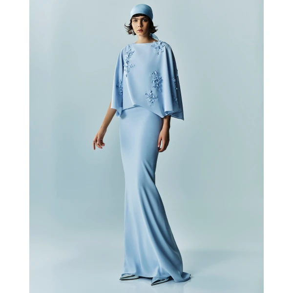 Marmar Halim Floral Appliqued Crepe Cape Gown, view 2