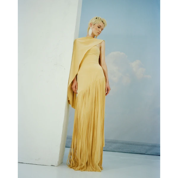 Marmar Halim Giselle - Strapless Crepe Gown With Laser-Cut Fringes And Cape Gowns