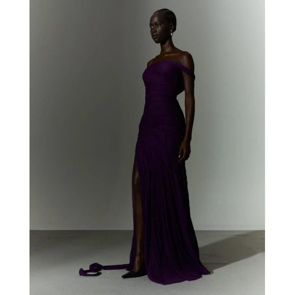 Marmar Halim Hand Pleated Draped Chiffon Gown With Cape And Slit Gowns