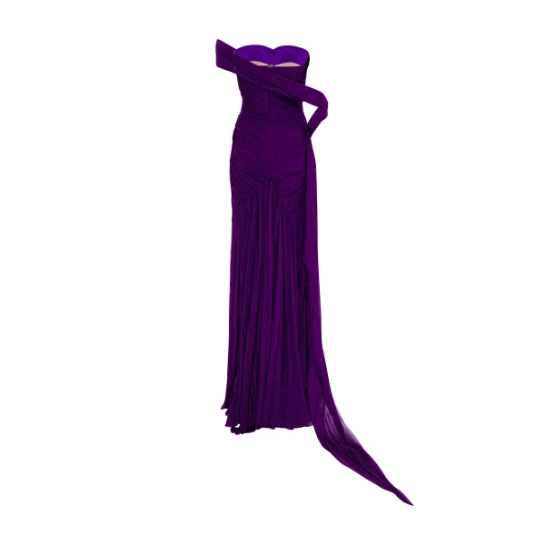 Marmar Halim Hand Pleated Draped Chiffon Gown With Cape And Slit Gowns