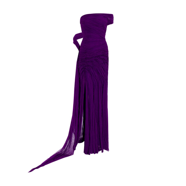 Marmar Halim Hand Pleated Draped Chiffon Gown With Cape And Slit Gowns