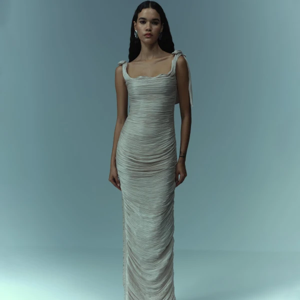 Marmar Halim Hand Pleated Draped Satin-Like Gown With Bow Straps Gowns