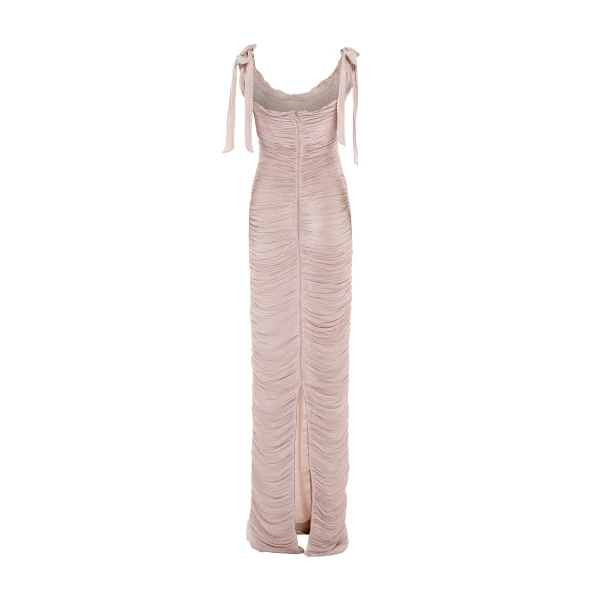 Marmar Halim Hand Pleated Draped Satin-Like Gown With Bow Straps Gowns