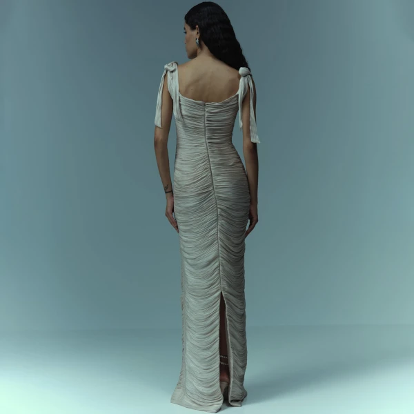 Marmar Halim Hand Pleated Draped Satin-Like Gown With Bow Straps Gowns