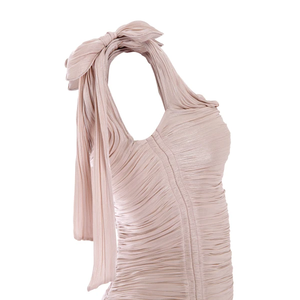 Marmar Halim Hand Pleated Draped Satin-Like Gown With Bow Straps Gowns