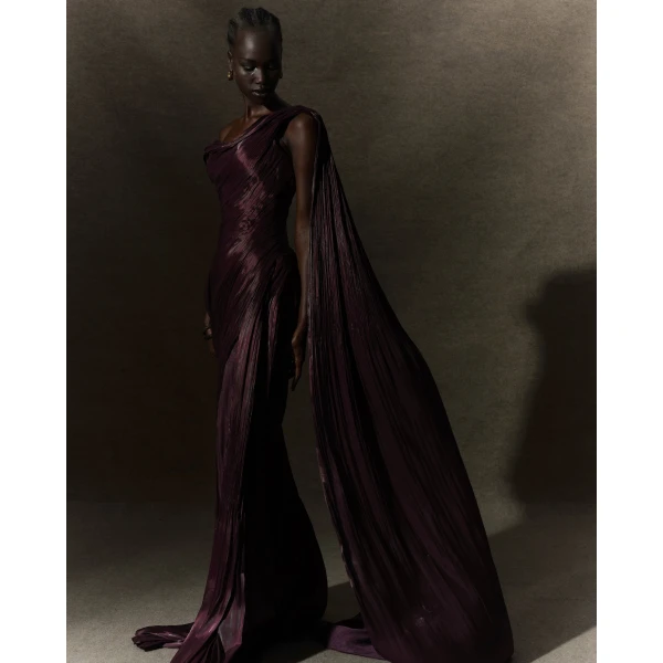 Marmar Halim Hand Pleated Draped Satin-Like Gown With One Shoulder Cape, view 2