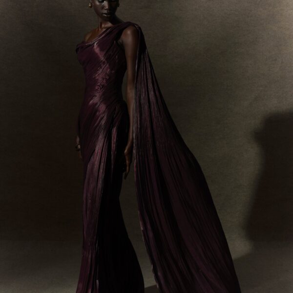 Marmar Halim Hand Pleated Draped Satin-Like Gown With One Shoulder Cape Gowns