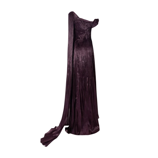 Marmar Halim Hand Pleated Draped Satin-Like Gown With One Shoulder Cape Gowns