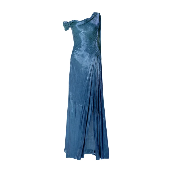 Marmar Halim Hand Pleated Draped Satin-Like Gown With One Shoulder Cape Gowns