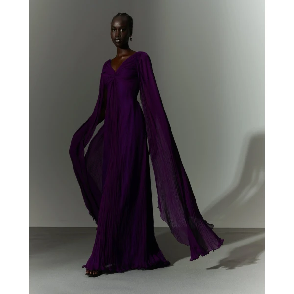 Marmar Halim Hand -Pleated Long Sleeves Georgette Chiffon Gown, view 2