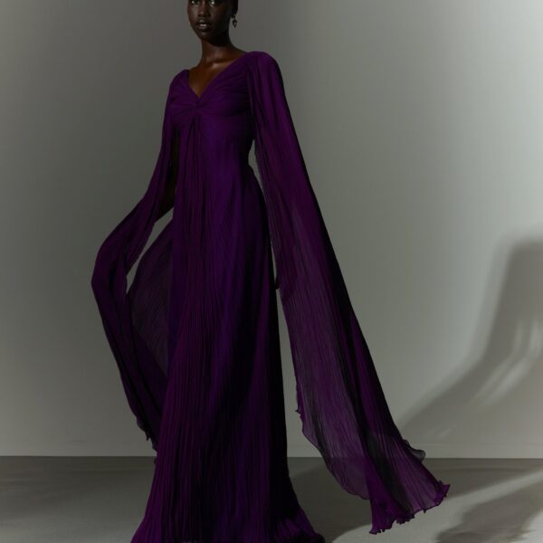 Marmar Halim Hand -Pleated Long Sleeves Georgette Chiffon Gown Gowns