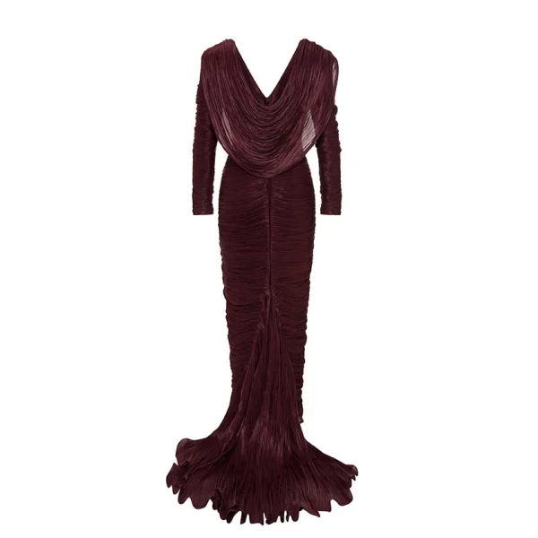 Marmar Halim Hand Pleated Long Sleeves Silk Gown With Front Cape Gowns
