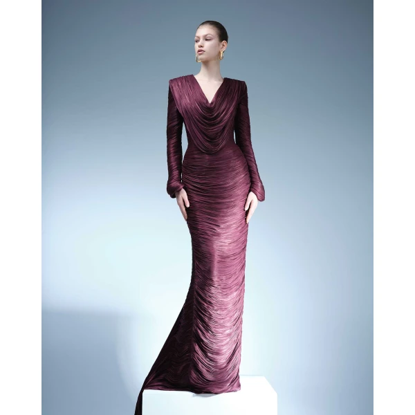 Marmar Halim Hand Pleated Long Sleeves Silk Gown With Front Cape Gowns