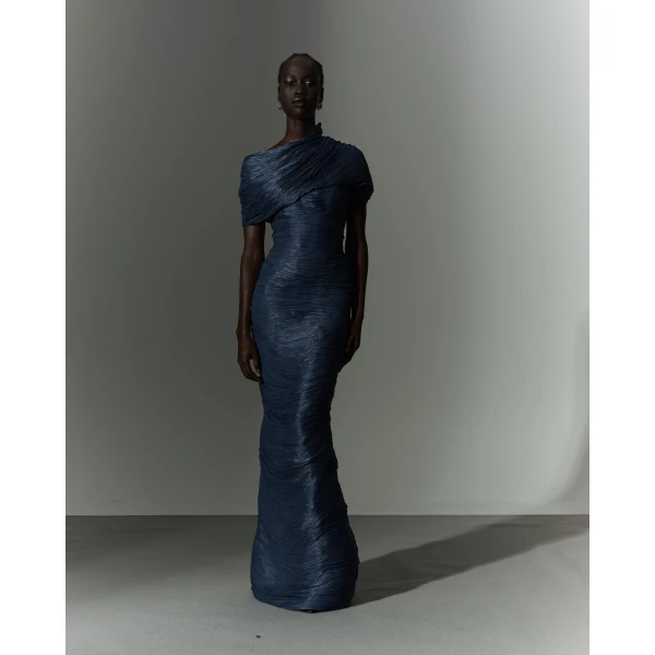 Marmar Halim Hand Pleated Satin – Like Dress With Attached Cape And Soft Wires, view 2