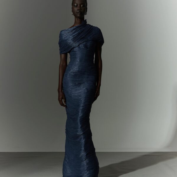 Marmar Halim Hand Pleated Satin - Like Dress With Attached Cape And Soft Wires Dresses