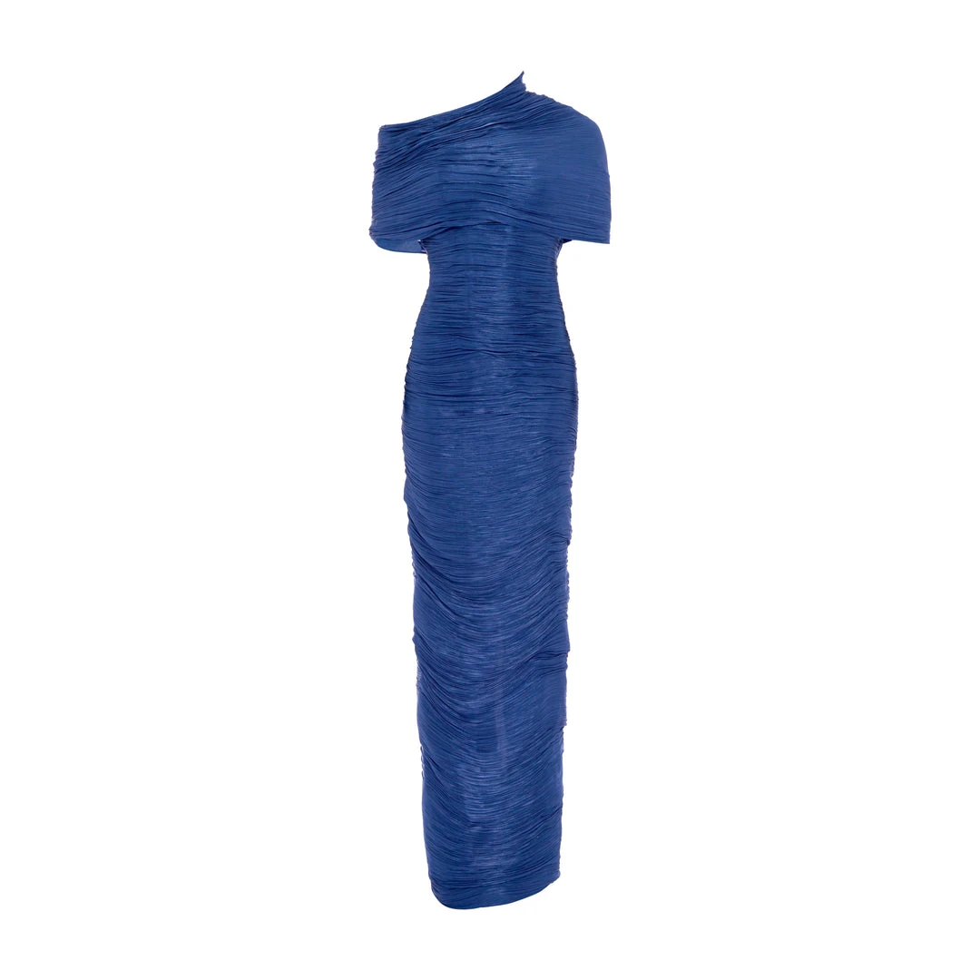 Marmar Halim Hand Pleated Satin - Like Dress With Attached Cape And Soft Wires Dresses Marmar Halim Hand Pleated Satin - Like Dress With Attached Cape And Soft Wires Dresses
