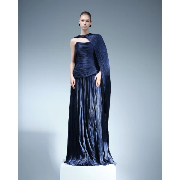 Marmar Halim Hand-Pleated Silky Organza Gown With Cape Gowns