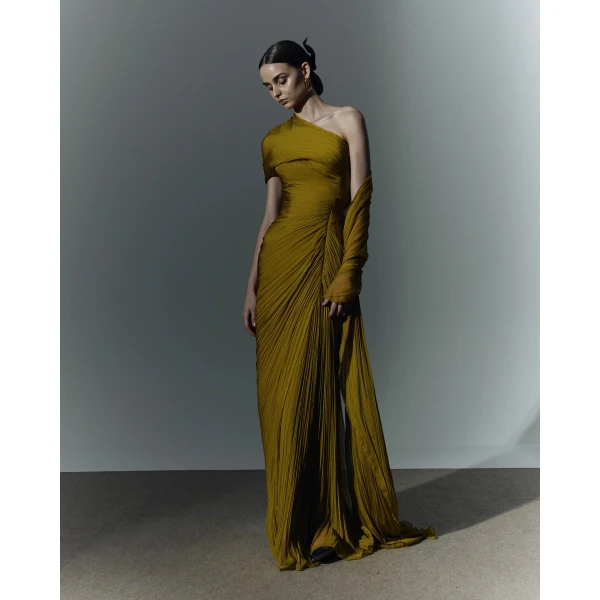 Marmar Halim Hand-Pleated Two Tone Draped Chiffon Gown With Cape, view 2