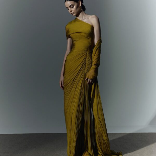 Marmar Halim Hand-Pleated Two Tone Draped Chiffon Gown With Cape Gowns