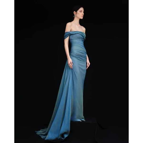 Marmar Halim Off-Shoulder Draped Silky Chiffon Gown With Side Tail Gowns