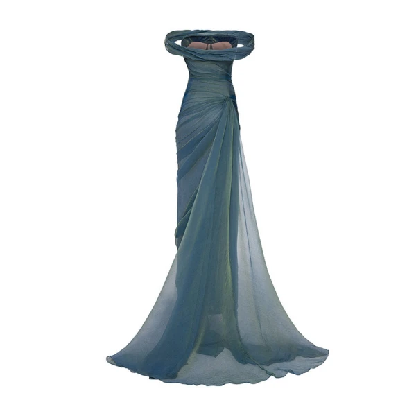 Marmar Halim Off-Shoulder Draped Silky Chiffon Gown With Side Tail Gowns