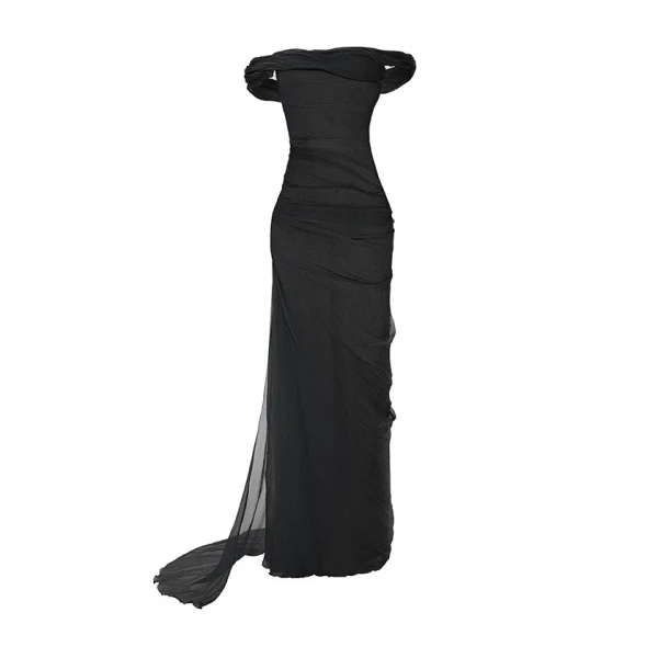 Marmar Halim Off-Shoulder Draped Silky Chiffon Gown With Side Tail Gowns