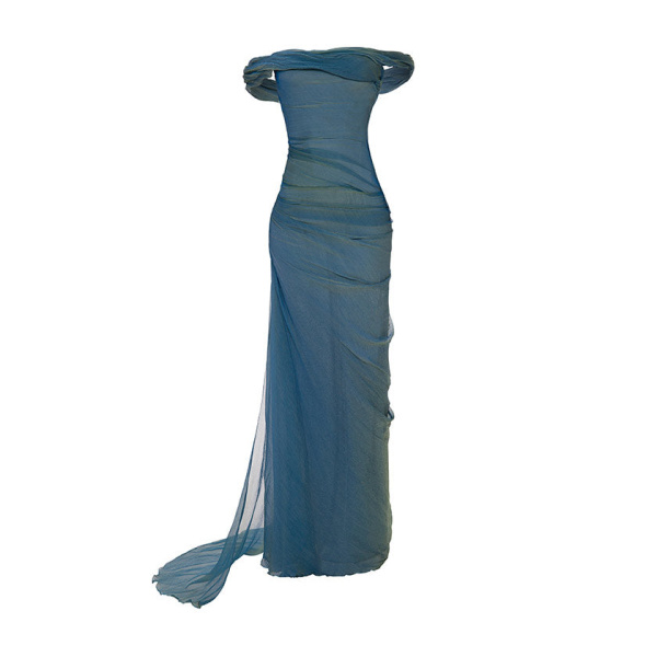 Marmar Halim Off-Shoulder Draped Silky Chiffon Gown With Side Tail Gowns