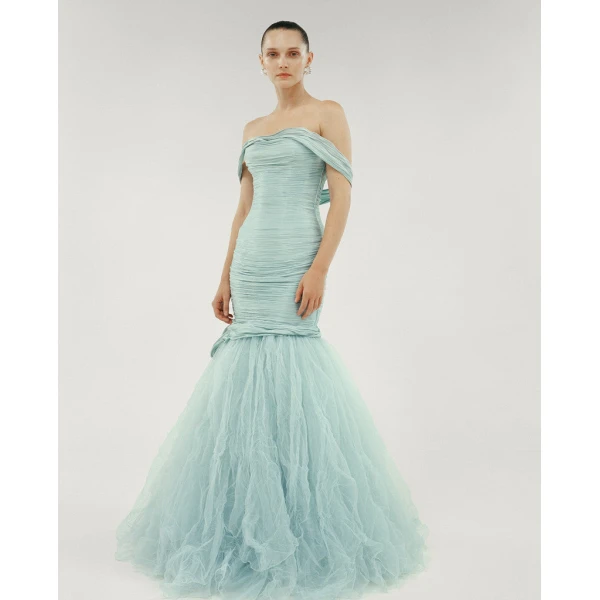 Marmar Halim Off Shoulder Fishcut Pleated Roseya Dress With Pleated Tulle Dresses