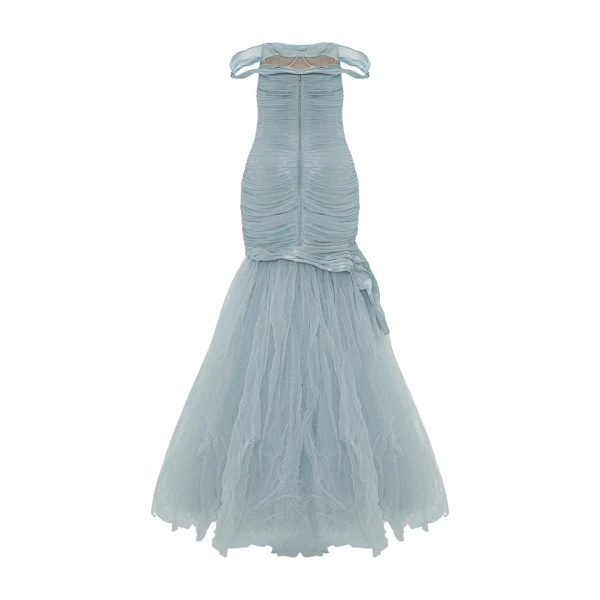 Marmar Halim Off Shoulder Fishcut Pleated Roseya Dress With Pleated Tulle Dresses
