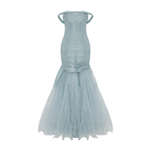 Marmar Halim Off Shoulder Fishcut Pleated Roseya Dress With Pleated Tulle Dresses