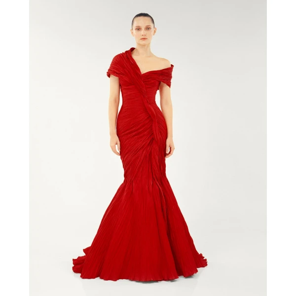 Marmar Halim Off Shoulder Fishcut Pleated Taffeta Dress Dresses