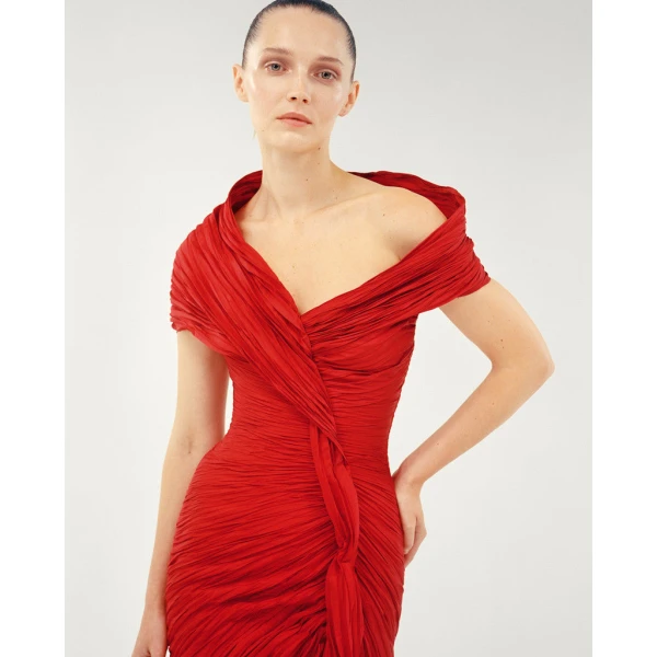 Marmar Halim Off Shoulder Fishcut Pleated Taffeta Dress Dresses